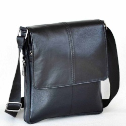 Мъжка чанта от естествена телешка кожа, тип плик с капак и разширителен цип, височина 24 см, черна