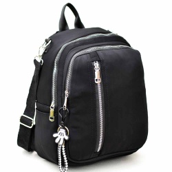 Дамска раница-чанта от здрав промазан плат, практично разпределение и висулка, черна