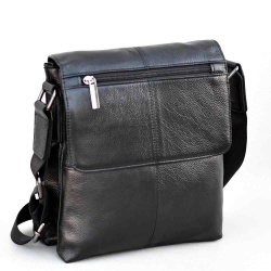 Мъжка чанта от естествена кожа с капак и три прегради, височина 24 см, черна
