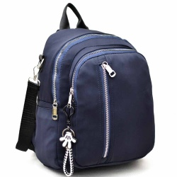 Дамска раница-чанта от здрав промазан плат, практично разпределение и висулка, тъмно синя
