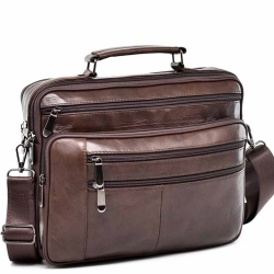 Мъжка чанта от телешка кожа с две отделения и много външни  джобчета, височина 24 см, кафява