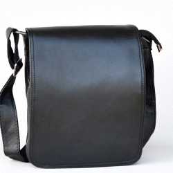 Мъжка чанта от естествена кожа с капак и два разширителни ципа, височина 25 см, черна