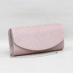 Официална дамска чанта тип клъч от плат, със заоблен капак, сребърна с розова нишка ламе