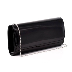 Клъч тип плик официална дамска чанта от еко кожа българска лачена черна