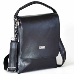 Мъжки чанти: Мъжка чанта от естествена телешка кожа с капак, височина 23 см, къса и дълга дръжка, черна