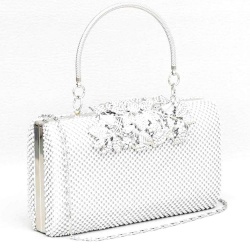 Официална дамска чанта, клъч с кристални камъчета и красива катарама цветя от блестящи камъни, сребърна