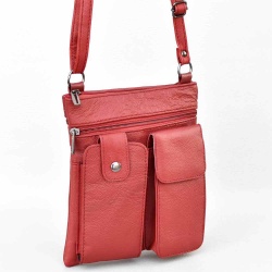 Мъжка чанта от естествена кожа, тип плик с удобни джобове за телефони, червена