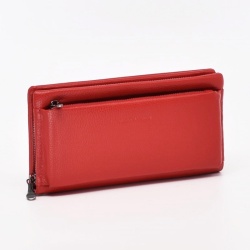 Дамско портмоне от естествена кожа голямо меко с джоб за телефон червено
