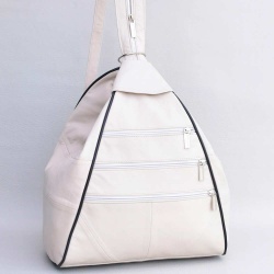 Дамска раница-чанта от естествена кожа 2в1, с много външни джобчета, светло бежова