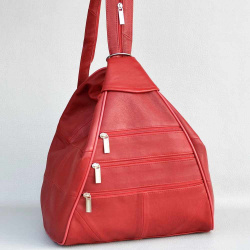 Дамска раница-чанта от естествена кожа 2 в 1, с много външни джобчета, червена