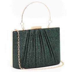 Официална дамска чанта клъч от плат с брокат къса и дълга дръжка тъмно зелена