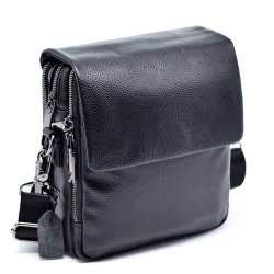 Мъжка чанта от естествена кожа / телешки бокс с капак и много отделения, височина 22 см, черна