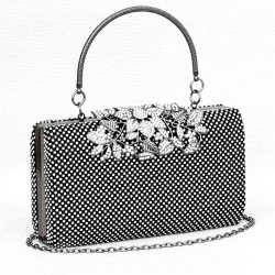 Официална дамска чанта, клъч с кристални камъчета и красива катарама цветя от блестящи камъни, черна с бели камъчета