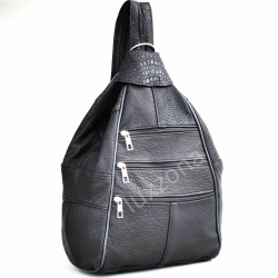 Дамска раница-чанта от естествена кожа с външни джобчета, черна