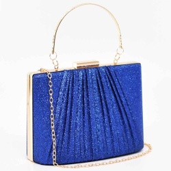 Официална дамска чанта клъч от плат с брокат къса и дълга дръжка синя