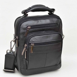 Мъжки чанти: Мъжка чанта от естествена телешка  кожа с много джобчета, височина 22 см, черна