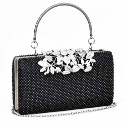 Официална дамска чанта, клъч с кристални камъчета и красива катарама цветя от блестящи камъни, черна