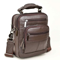 Мъжка чанта от естествена телешка  кожа с много джобчета, височина 22 см, кафява