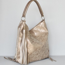 Българска дамска чанта златиста с ефект състарена кожа тип торба