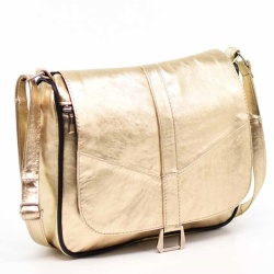 Дамска чанта от естествена кожа на парчета с дълга дръжка за през рамо златна