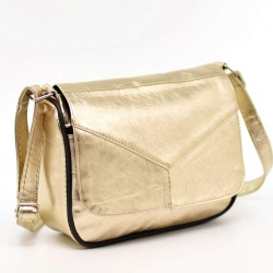 Малка дамска чанта от естествена кожа с дълга дръжка за през рамо златна