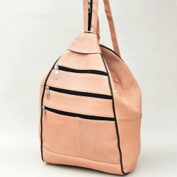 Дамска раница-чанта от естествена кожа 2в1, с много външни джобчета, капучино