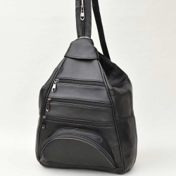 Дамска раница-чанта от естествена кожа 2в1, с много външни джобчета, черна