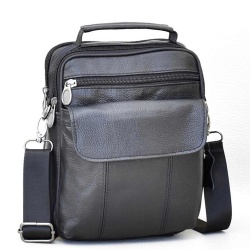 Мъжка чанта от естествена кожа с капак на джоба, височина 23 см, черна