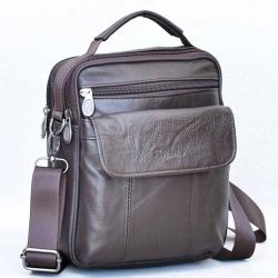 Мъжка чанта от естествена кожа с капак на джоба, височина 23 см, кафява