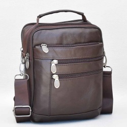 Мъжка чанта от естествена кожа с много джобчета, височина 23 см, кафява