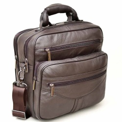Мъжка чанта от естествена телешка  кожа с много джобчета, височина 27 см, тъмно кафява