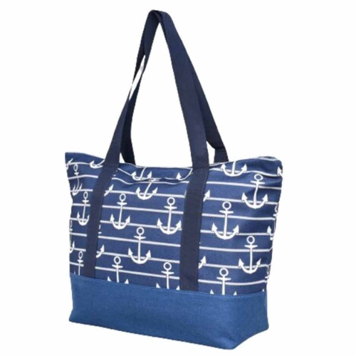 Лятна чанта за плаж Котви от плат ефектен десен тъмно синя