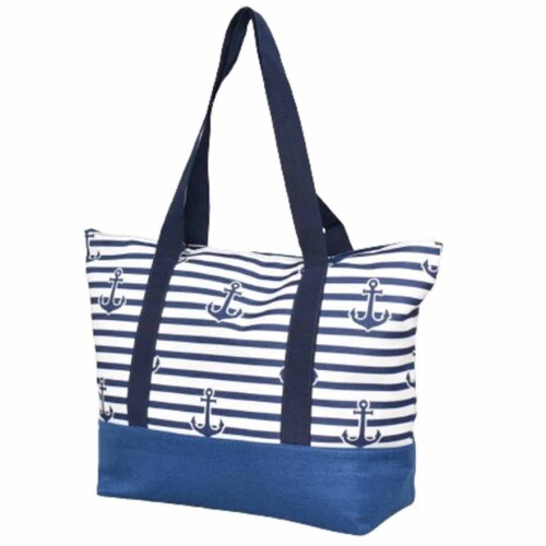 Лятна чанта за плаж Котви от плат ефектен десен сини и бели райета