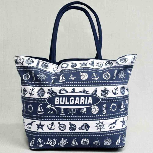 Плажна чанта България, евтина, от непромокаем плат, затваряне с цип, тъмно синя