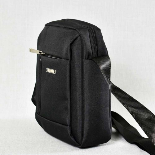 Мъжка чанта от плат 25 см, с къса и дълга дръжка, черна