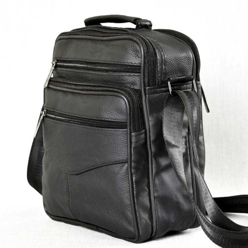 Мъжка чанта от естествена кожа с много външни джобчета, височина 24 см