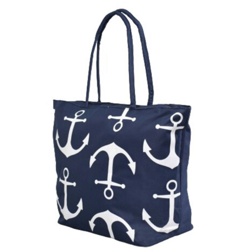 Голяма плажна чанта Котви, евтина, от непромокаем плат, затваряне с цип, тъмно синя