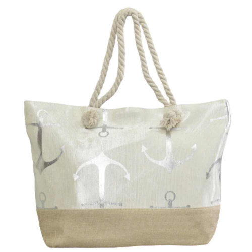 Плажна чанта Котва, с дръжки от въже за носене под мишница, бежова със сребърни орнаменти
