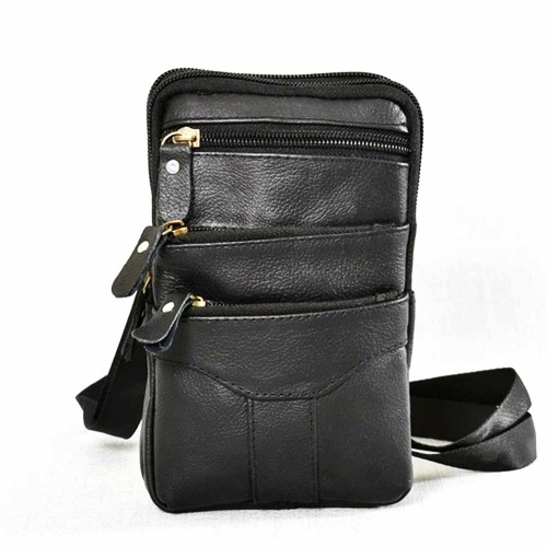 Мъжка чанта от естествена кожа с гайка за колан и две отделения, височина 18 см, черна