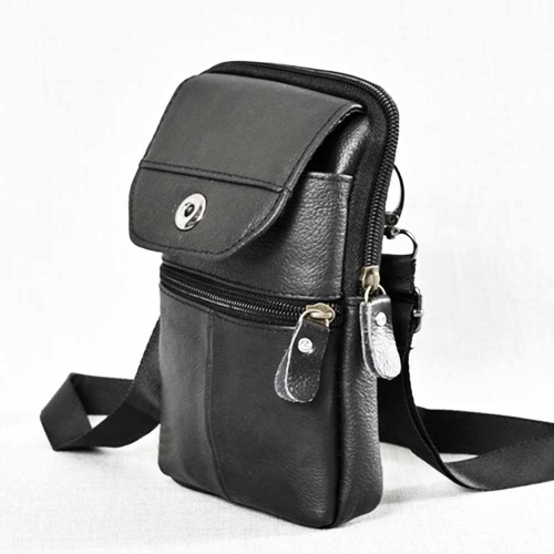Мъжка чанта от естествена кожа с гайка за колан и с дълга дръжка, височина 18 см, черна