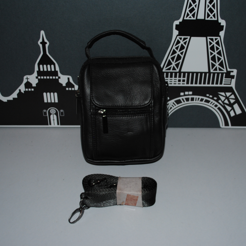 Мъжка чанта от естествена кожа с гайка за колан къса и дълга дръжка черна