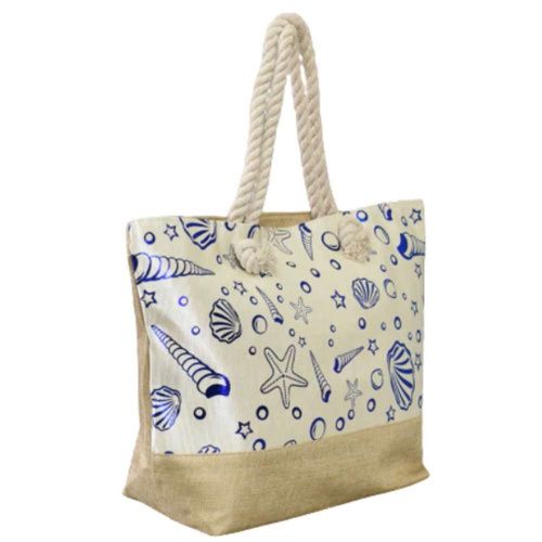 Плажна чанта Морско дъно, с дръжки от въже за носене под мишница, бежова със сини орнаменти