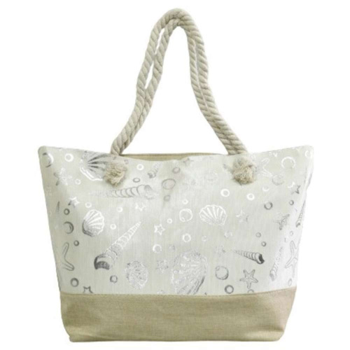 Плажна чанта Морско дъно, с дръжки от въже за носене под мишница, бежова със сребърни орнаменти