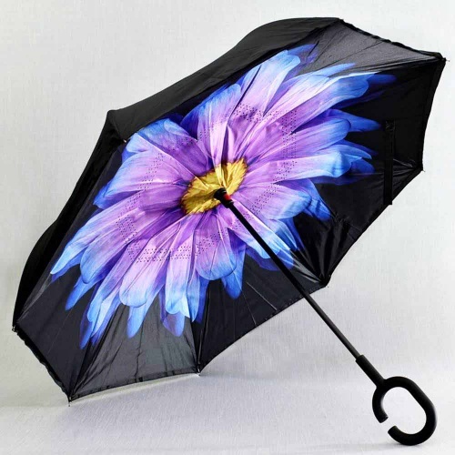 Обърнат дамски чадър за дъжд, двупластов, противовятърен, черен със синьо-лилаво цвете