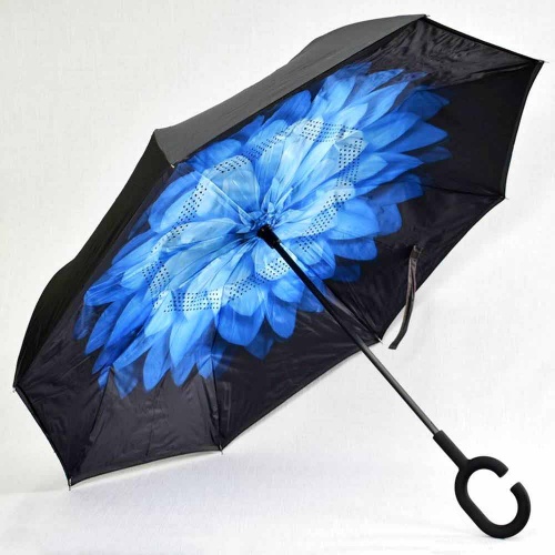 Обърнат дамски чадър за дъжд, двупластов, противовятърен, черен със синьо цвете