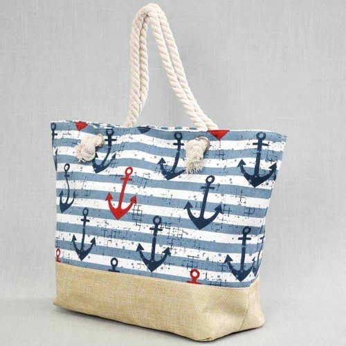 Плажна чанта Котви, с дръжки от въже за носене под мишница, сиво бели райета