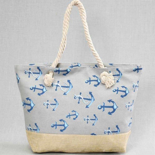 Плажна чанта Котви, с дръжки от въже за носене под мишница, сива