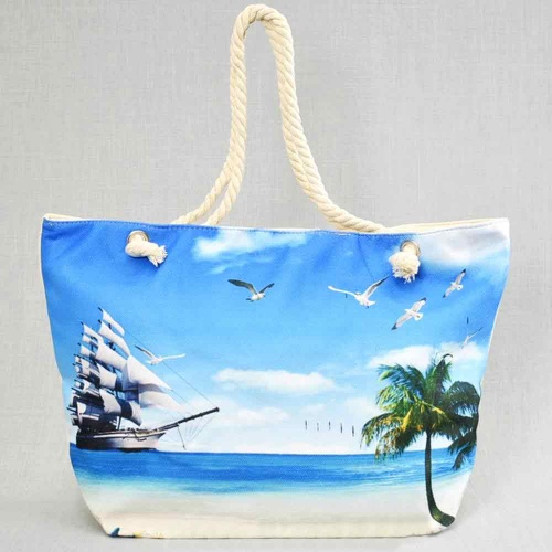 Плажна чанта Морски пейзаж, голяма, с дръжки от въже за носене на рамо