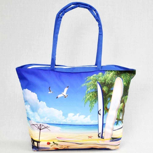 Плажна чанта Морски пейзаж, евтина, от непромокаем плат, затваряне с цип