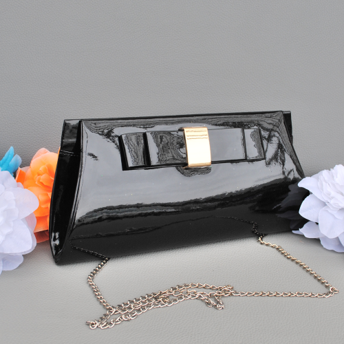 Официална дамска чанта клъч, тип плик лачена с декоративна панделка